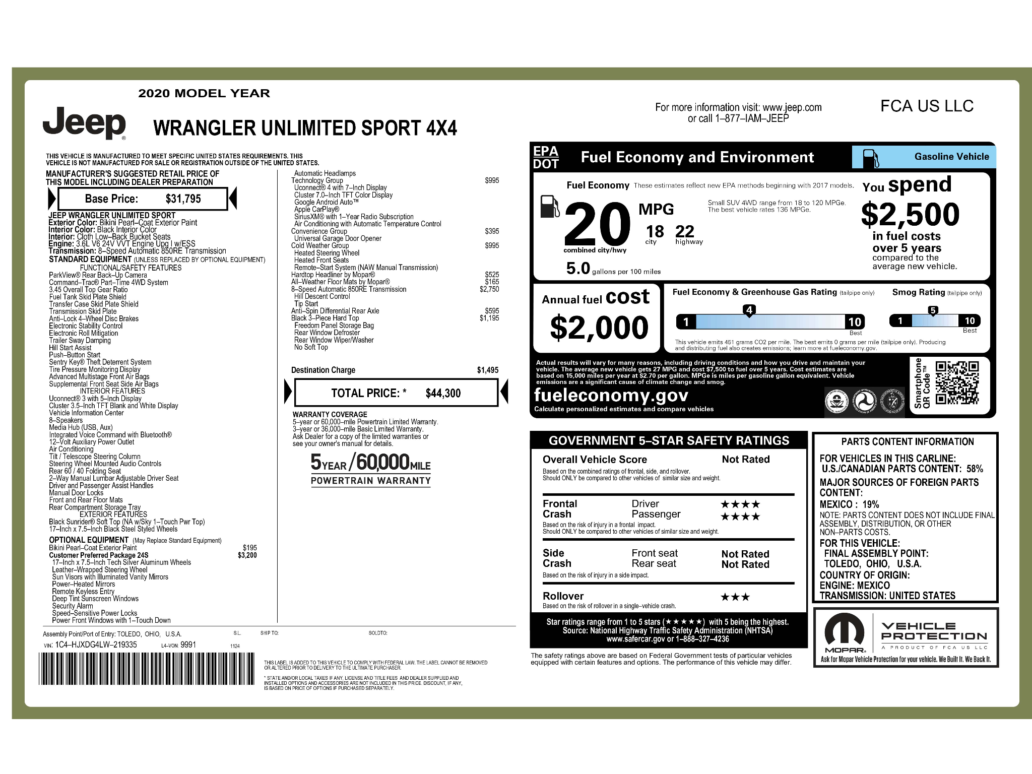 Used 2020 Jeep Wrangler Unlimited Sport S with VIN 1C4HJXDG4LW219335 for sale in Kansas City