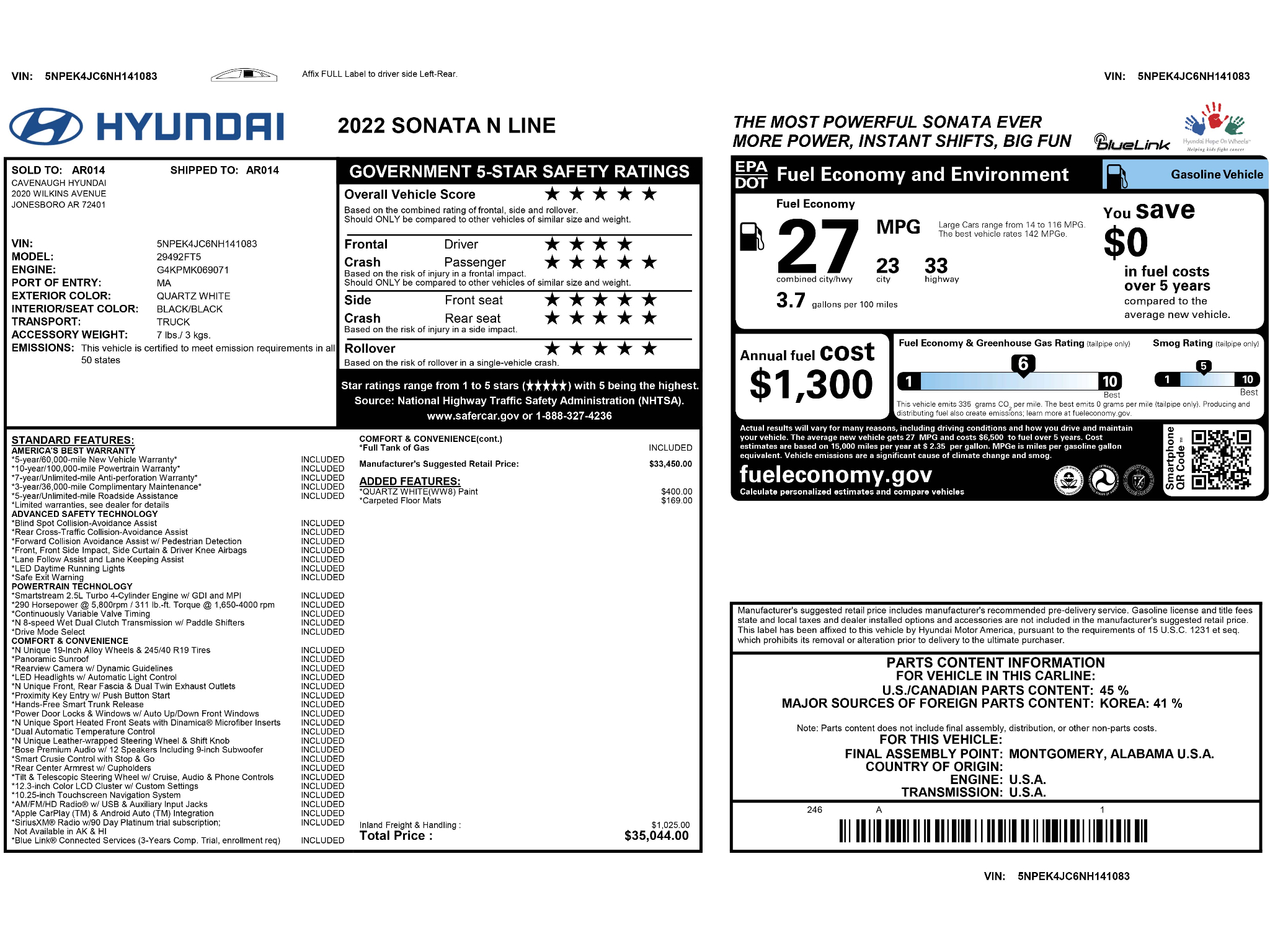 Used 2022 Hyundai Sonata N Line with VIN 5NPEK4JC6NH141083 for sale in Kansas City