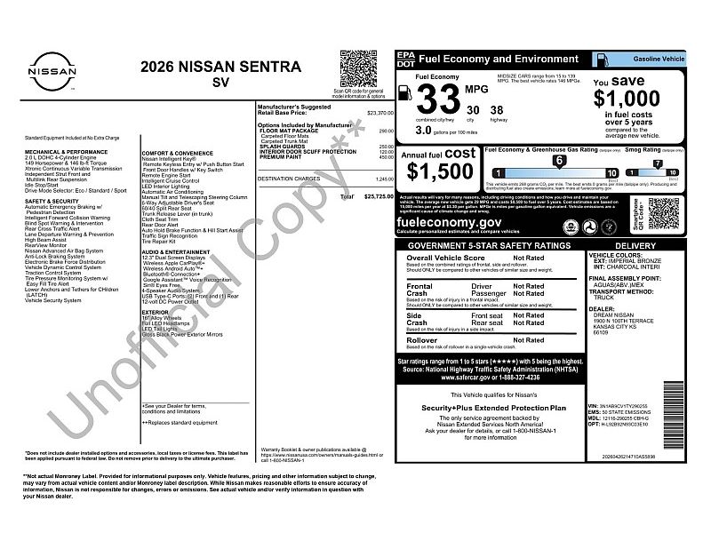 new 2026 NISSAN SENTRA SV