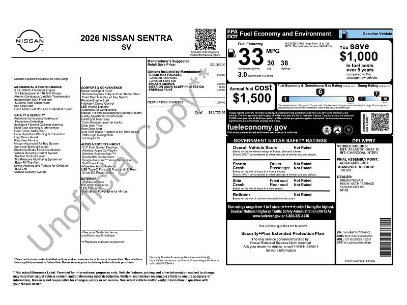 new 2026 NISSAN SENTRA SV