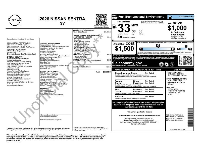 new 2026 NISSAN SENTRA SV