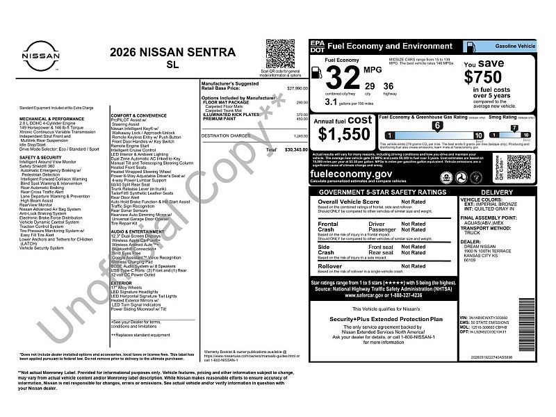 new 2026 NISSAN SENTRA SL