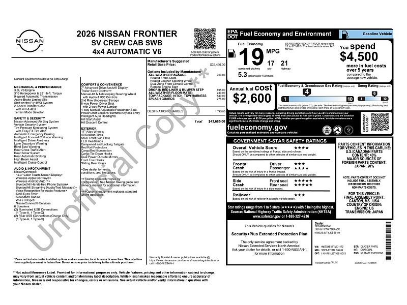 new 2026 NISSAN FRONTIER Crew Cab 4x4 SV