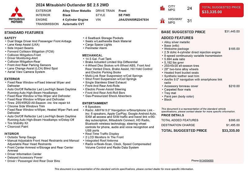 used 2024 MITSUBISHI OUTLANDER SE FWD