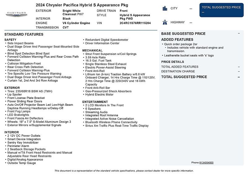 used 2024 CHRYSLER PACIFICA Hybrid S Appearance Pkg